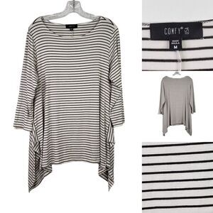 Comfy USA Tunic Womens Medium M Black White Stripe 3/4 Sleeves Leah Modal